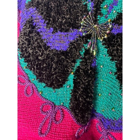 Vintage Jaclyn Smith Beaded Sweater M Fuchsia Black Green Purple Acrylic Nylon - Picture 3 of 11